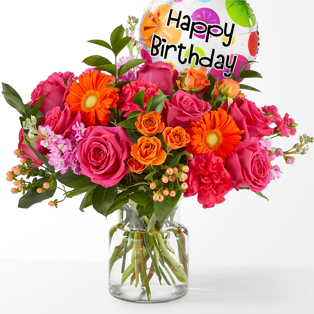 Fiesta Bouquet with Birthday Balloon – Fleuriste Thalia, Varennes PQ