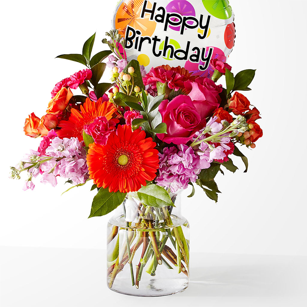 Fiesta Bouquet with Birthday Balloon – Fleuriste Thalia, Varennes PQ