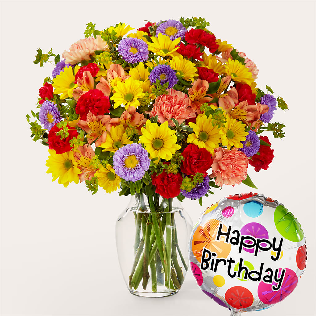 Kaleidoscope Bouquet with Birthday Balloon – Fleuriste Thalia, Varennes PQ