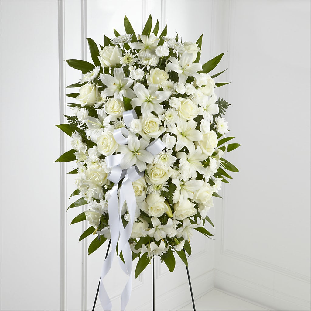 Exquisite Tribute Standing Spray-White Ribbon – Fleuriste Thalia, Varennes PQ