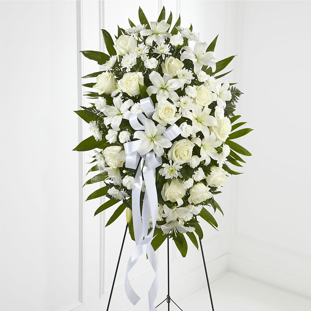 Exquisite Tribute Standing Spray-White Ribbon – Fleuriste Thalia, Varennes PQ